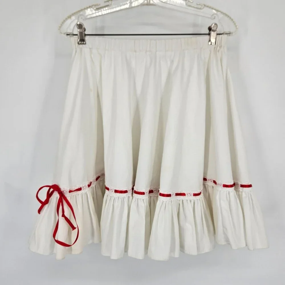 Ruffle Shirt Top Skirt Set M Red White Lace Trim Cotton Blend Dance Western USA - Picture 6 of 12